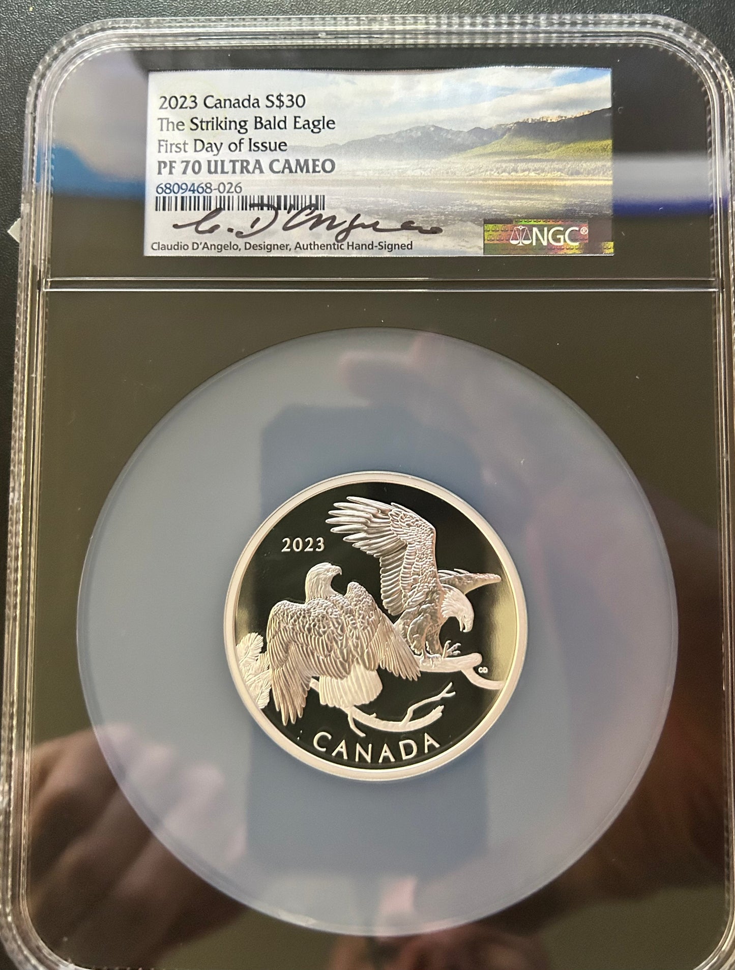 2023 Canada Striking Bald Eagle 2 oz NGC PF 70 Ultra Cameo Designer Signed Claudio D'Angelo. First Day Of issue.