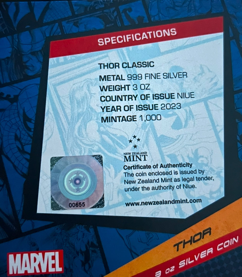 2023 Marvel Thor $10 Colorized 3oz .999 Fine Silver Coin