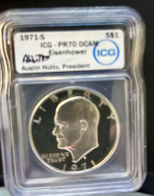 1971 S Eisenhower Silver Dollar $1  PR70 Deep Cameo DCAM, Hutto Signed. Beautiful Rare coin