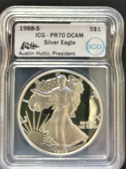 1988-S ICG PR70 DCAM Silver Eagle President Austin Hutto signed. Flawless